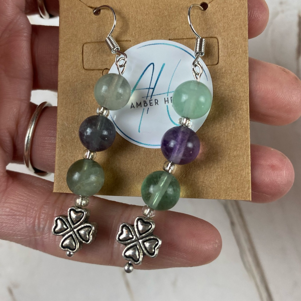 Green & Purple Fluorite Clover Drop Earrings